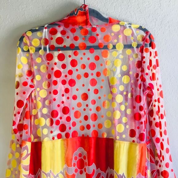Sheer coverup with bright yellow red and orange circles coral pattern unique Sml - Picture 4 of 7